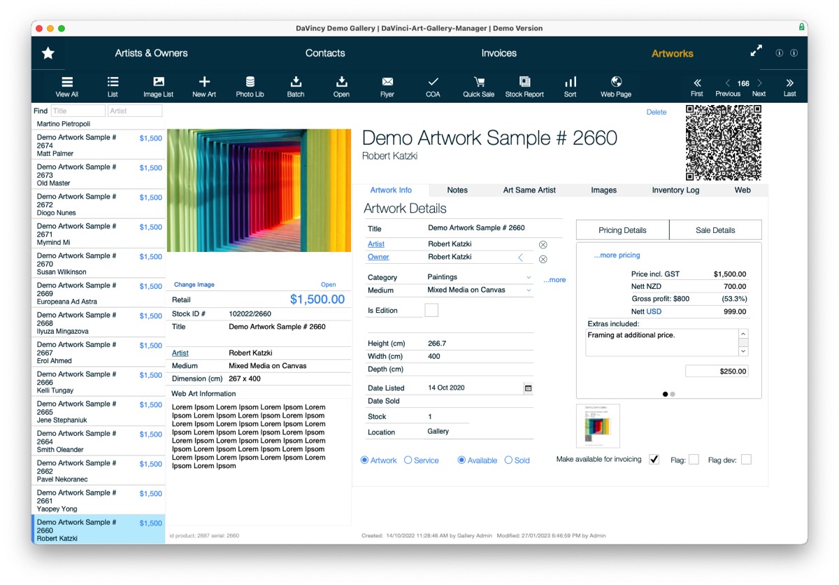 DavVnci Art Gallery Software: Organise Your Artwork Stock / Inventory